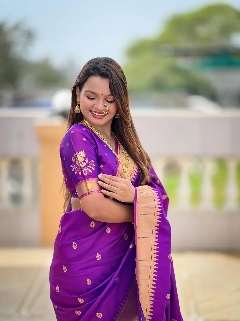 Traditional Paithani Silk Saree with Ganapati Pallu & Zari Weaving (Dark Purple)